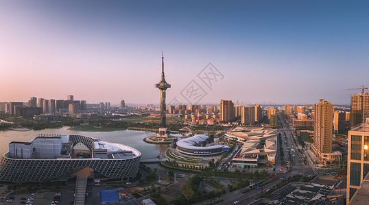 盐城建筑夕照聚龙湖背景