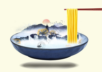 创意筷子碗中的山水画设计图片