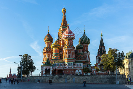 当地著名莫斯科著名旅游景点圣瓦西里大教堂背景