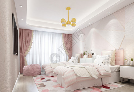 公主风唯美北欧风儿童房卧室室内设计效果图背景