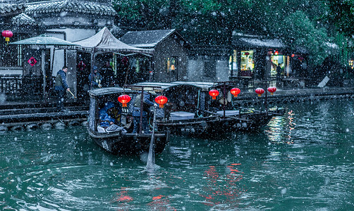 古镇小河雪夜西塘游船背景