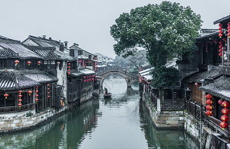 古风雪花素材西塘雪景背景