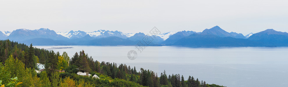 大事件长图美国阿拉斯加荷马小镇雪山全景图背景