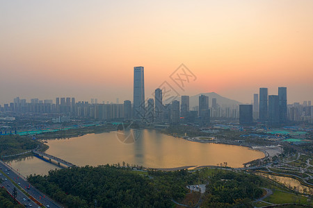 俯视海景俯瞰深圳湾全景日出背景