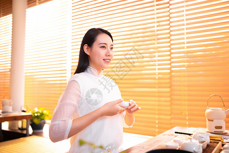 古装游戏茶室女生饮茶形象背景