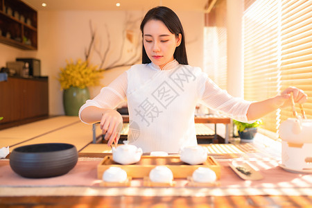 茶室饮茶女生形象背景图片