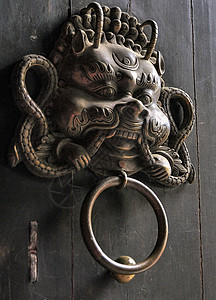 门上口含圆环的神兽背景图片