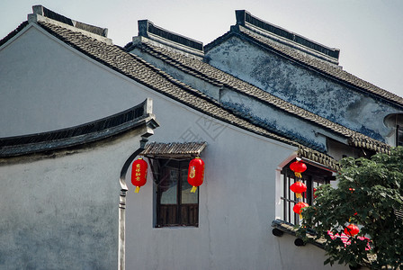 浙江西塘古镇挂着灯笼的老房子高清图片