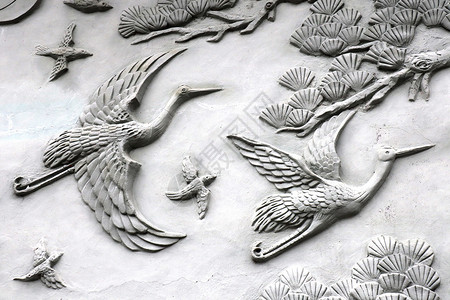 百鸟岩仙鹤壁画雕塑背景