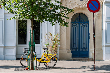 单车标志法国巴黎街头共享单车背景