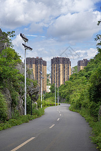 蓝天白云下的小区楼盘道路图片