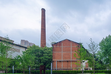 红砖工厂厂房烟囱背景图片
