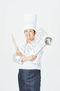 男性厨师白背景长柄勺高清图片