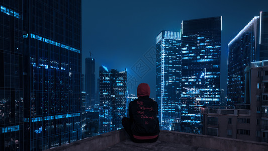 孤独城市夜景人物天台背影背景