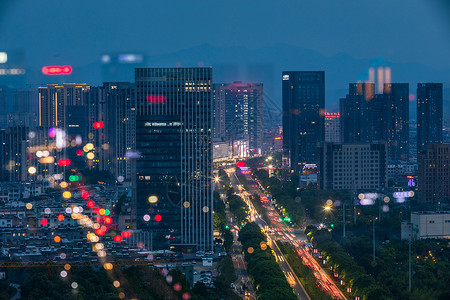 宁波宁海夜景二次曝光车水马龙高清图片素材