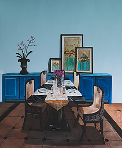 手绘蓝色椅子3d彩绘样板间背景