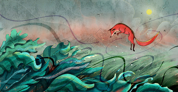 抽像背景一只狐狸在盛夏的花丛里玩耍插画