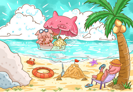 夏日夏威夷可爱猪在海边玩耍游泳高清图片