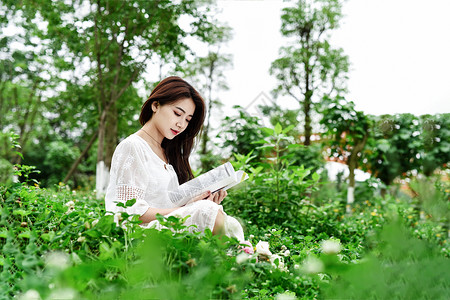 阳光意境女生坐在草坪看书学习的女生背景