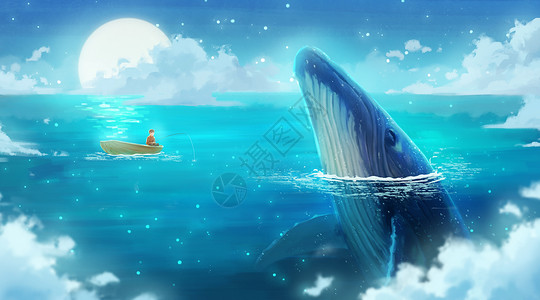 月亮上垂钓与鲸鱼的邂逅插画