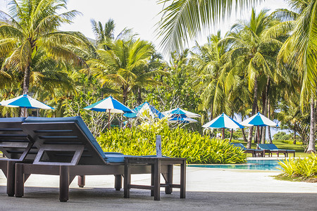 泰国度假酒店泳池边的躺椅和遮阳伞生活方式高清图片素材