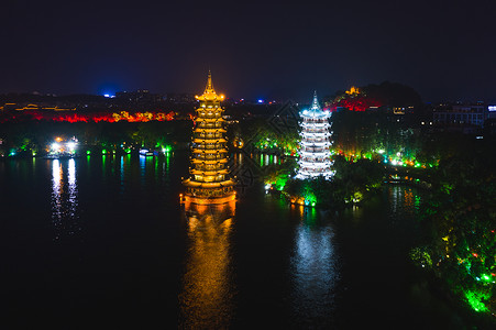 两江四湖桂林航拍日月双塔夜景背景