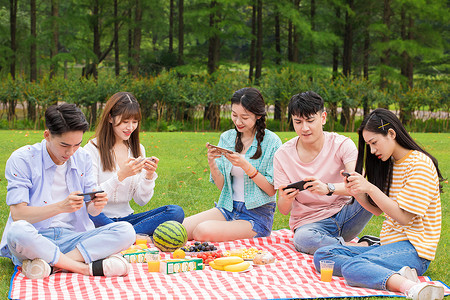 夏日野餐便当大学生野餐玩手机游戏背景