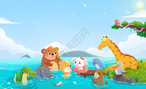 河边游玩动物背景插画高清图片