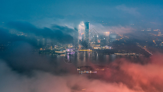 云中的苏州金鸡湖夜景5A景点高清图片素材