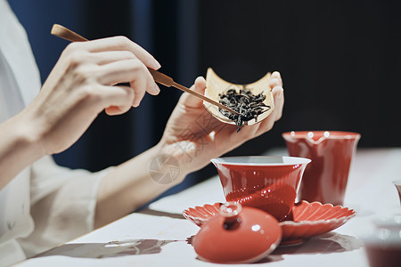 女茶艺师倒茶叶高清图片