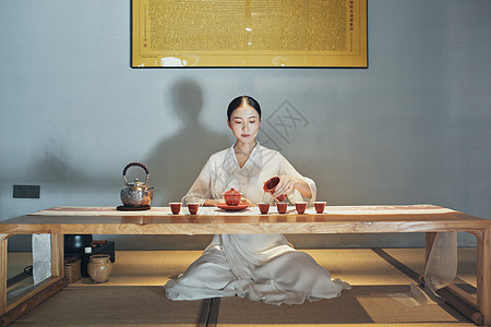 红色食物海报室内女性泡茶师背景