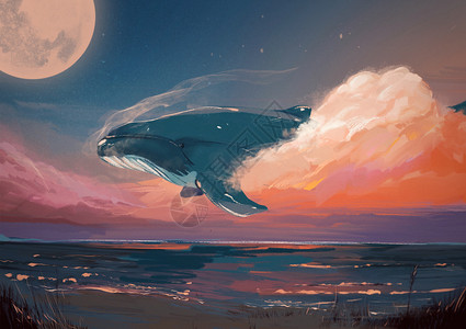 月亮上鲸遇黄昏天空遨游的鲸插画