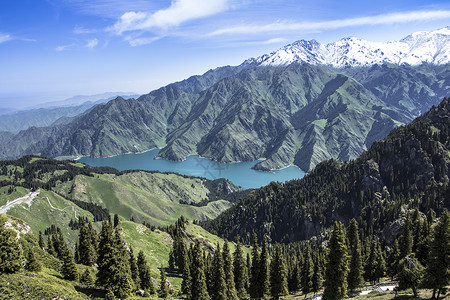 天山天池景区夏季的天山天池背景