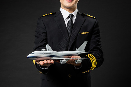 飞行员制服机长飞行员拿着飞机模型背景