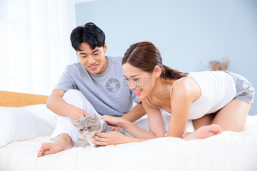 情侣在床上和猫玩耍图片