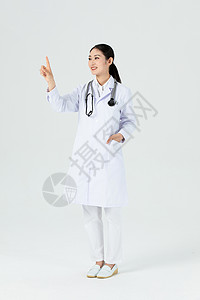 医生工作室美女医生伸手触摸前方全身露齿笑背景