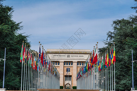 宣传旗瑞士日内瓦联合国万国旗全景背景