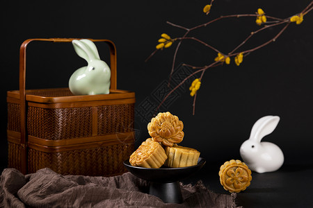 中秋节兔子元素中秋广式月饼背景