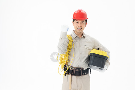 维修工人拿着电线和维修箱职业高清图片素材