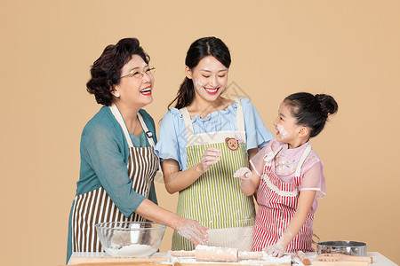 月球和女孩中秋祖孙三代一起做月饼背景