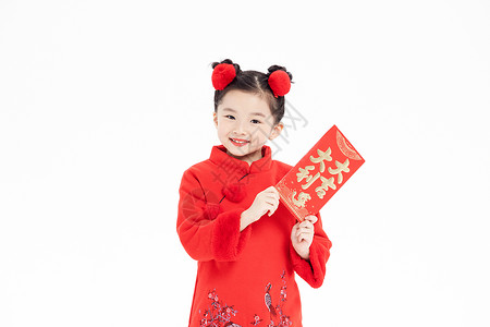 春节过年小女孩开心拿着红包图片