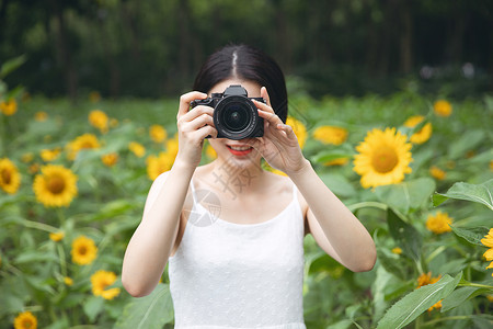 向日葵中拿着相机的少女高清图片