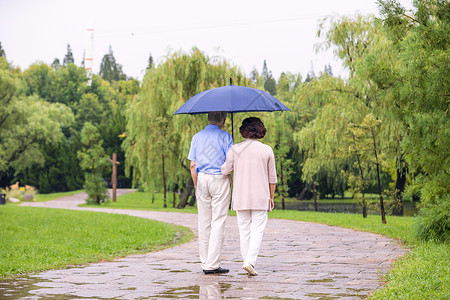 雨中背影老年夫妇在公园雨中漫步背影背景