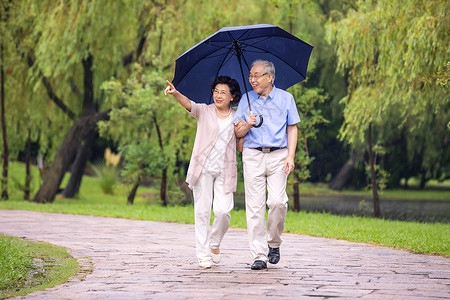 老年夫妇在公园雨中散步高清图片