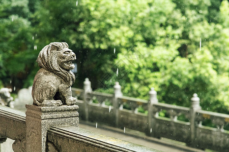 传统节气夏至雨中灵隐寺的石狮子背景