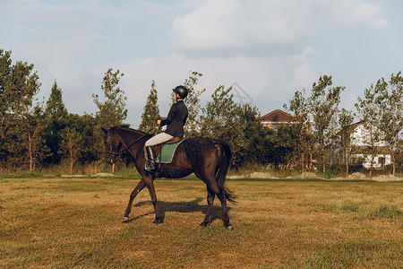 年轻女子户外骑马训练高清图片素材