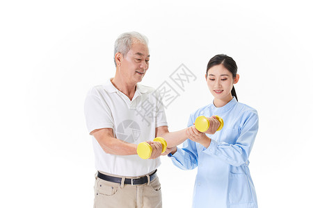 老人哑铃护工帮助老人做康复训练背景