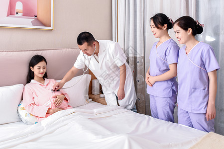 月子中心展板医护人员检查孕妇肚中宝宝背景