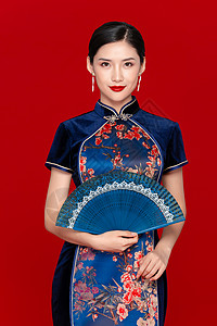 中国旗袍美女中国风旗袍美女拿扇子背景