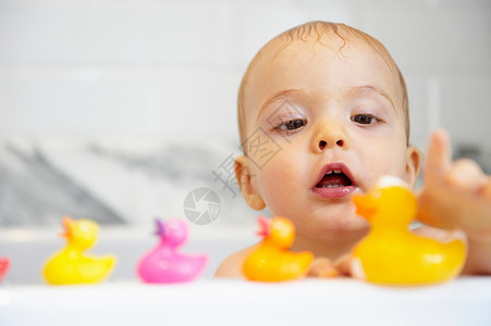 开心鸭字体男孩在浴缸里玩塑料鸭子背景